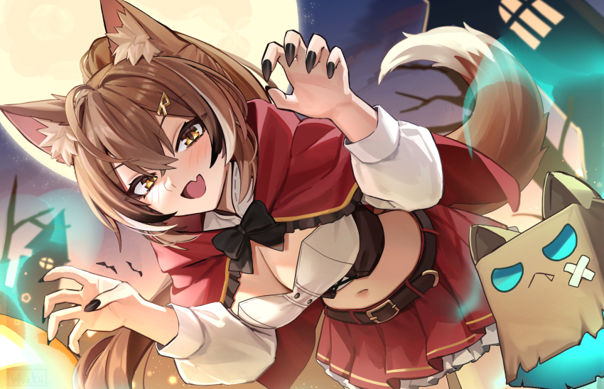 1girl alternate_costume animal_ear_fluff animal_ears belt belt_buckle black_belt black_hair black_nails blush breasts brown_eyes brown_hair buckle claw_pose claws cleavage cloak crop_top fang fingernails friend_(nanashi_mumei) frilled_skirt frills full_moon hair_between_eyes halloween_costume hashtag-only_commentary highres hololive hololive_english hood hood_down hooded_cloak large_breasts leaning_forward long_hair moon multicolored_hair nanashi_mumei navel open_mouth pleated_skirt ponytail puffy_sleeves red_cloak red_skirt sharp_fingernails skin_fang skirt smile streaked_hair tail virtual_youtuber white_hair wolf_ears wolf_tail wszkii