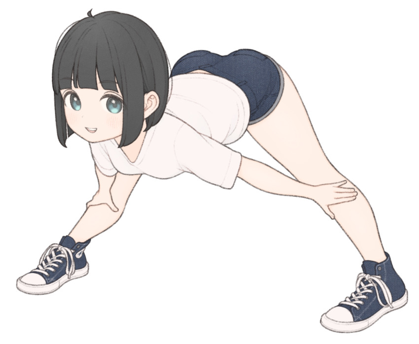 1girl 1ssakawaguchi absurdres bent_over black_hair blue_eyes bob_cut converse denim denim_shorts full_body hands_on_own_legs highres ichika_(1ssakawaguchi) legs_apart medium_hair original petite shirt shoes short_shorts shorts simple_background sneakers solo white_background white_shirt