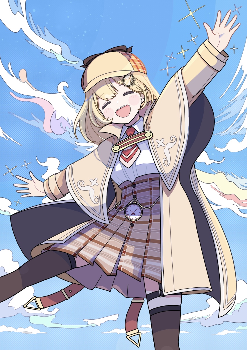 absurdres blonde_hair blush closed_eyes cloud garter_straps hair_ornament hat highres hololive hololive_english jacket necktie open_clothes open_hands open_jacket outstretched_arms plaid_clothes plaid_skirt pleated_skirt shirt skirt sky smile spread_arms standing standing_on_one_leg star_(sky) thighhighs thighs tsukitoinu virtual_youtuber watch watson_amelia white_shirt zettai_ryouiki