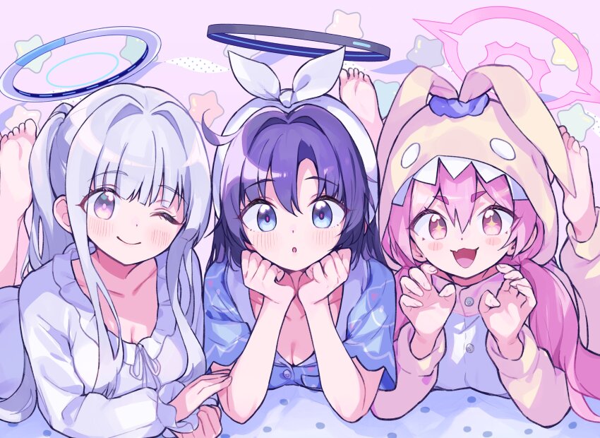 +_+ 3girls :o absurdres animal_costume barefoot black_halo blue_archive blue_eyes blue_hair blue_pajamas blush breasts buttons check_commentary claw_pose cleavage collarbone commentary_request cosplay dot_nose fang feet_up frilled_pajamas frills hair_between_eyes hair_intakes halo hands_on_own_chin highres hood hood_up hooded_pajamas kigurumi koyuki_(blue_archive) koyuki_(pajamas)_(blue_archive) long_hair long_sleeves looking_at_viewer low_twintails lying mechanical_halo monon_tulle multiple_girls noa_(blue_archive) noa_(pajamas)_(blue_archive) official_alternate_costume on_stomach one_eye_closed open_mouth pajamas parted_lips pink_eyes pink_hair pink_halo pink_pupils rabbit_costume skin_fang small_breasts smile star_(symbol) thick_eyebrows twintails white_hair white_halo white_pajamas yellow_pajamas yuuka_(blue_archive) yuuka_(pajamas)_(blue_archive)