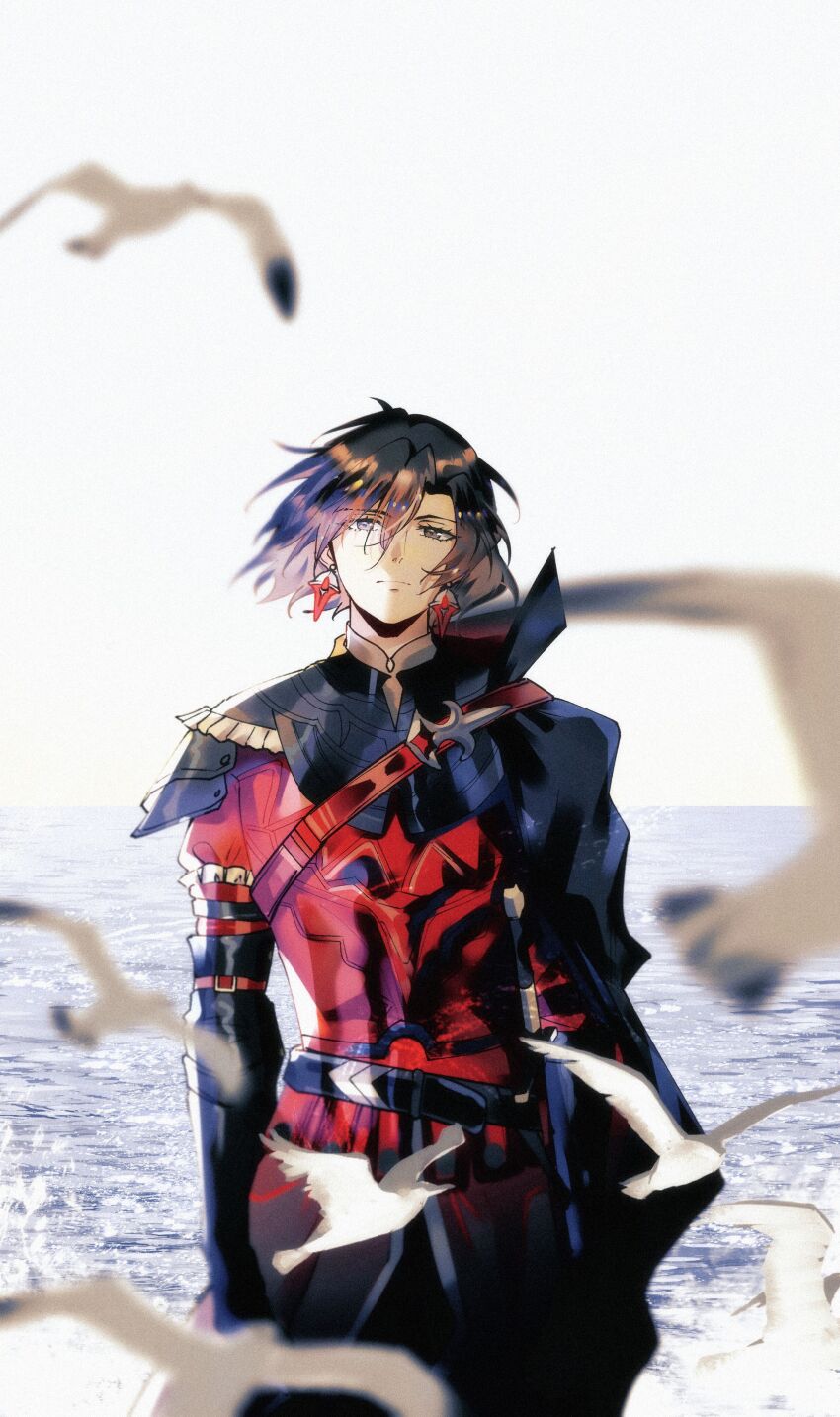 1boy :| absurdres armor arms_at_sides belt bird black_armor black_belt black_cape black_gloves black_hair blurry blurry_foreground cape closed_mouth constantine_xi_(fate) cowboy_shot curtained_hair earrings elbow_gloves expressionless fate/grand_order fate_(series) gloves hair_between_eyes highres jewelry kaketa_(pixiv_44365219) looking_at_viewer male_focus ocean red_armor red_tunic seagull short_hair shoulder_armor side_cape sky solo straight-on tunic