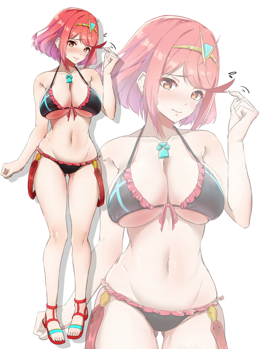 1girl absurdres bikini black_bikini blush breasts chest_jewel cleavage collarbone earrings full_body hair_ornament hand_up highres jewelry kanuici336 large_breasts multiple_views navel pyra_(xenoblade) red_eyes red_hair sandals short_hair standing stomach suspenders swimsuit xenoblade_chronicles_(series) xenoblade_chronicles_2 zoom_layer