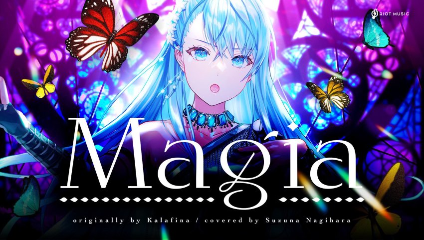 1girl backlighting bare_shoulders blue_eyes blue_gemstone blue_hair bug butterfly character_name earrings fingernails floating_hair flower gem hair_between_eyes hair_flower hair_ornament highres insect jewelry light_blue_hair long_hair looking_at_viewer music nagihara_suzuna necklace official_art open_mouth outstretched_arm portrait riot_music sakamuke second-party_source singing solo song_name stained_glass swept_bangs virtual_youtuber