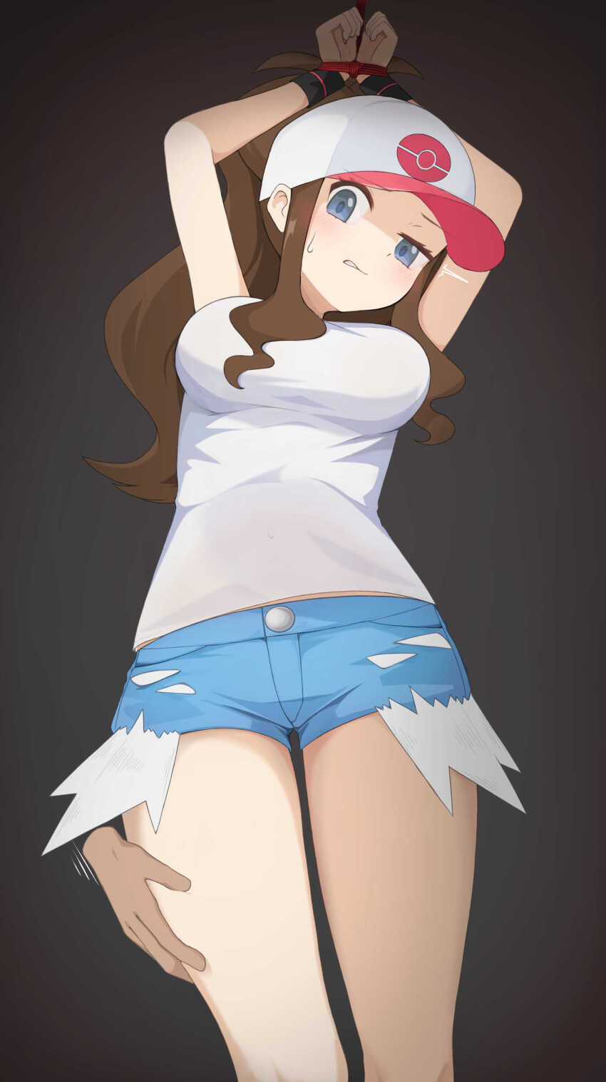 1girl absurdres akacolor arms_up baseball_cap blue_eyes blue_shorts bound bound_wrists breasts brown_hair clenched_teeth commentary_request commission creatures_(company) disembodied_hand exposed_pocket eyelashes game_freak half-closed_eye hand_on_another&#039;s_thigh hat highres hilda_(pokemon) long_hair looking_down nintendo no_vest pokemon pokemon_bw shirt short_shorts shorts sidelocks skeb_commission sleeveless sleeveless_shirt sweatdrop teeth white_hat white_shirt wristband