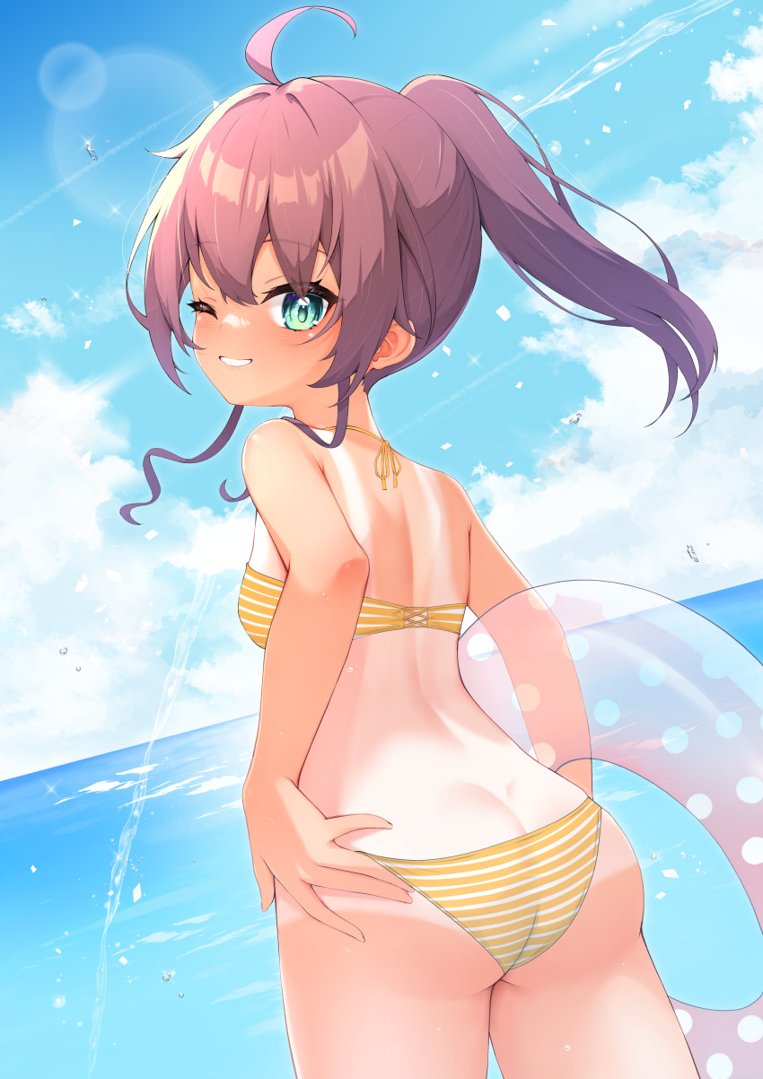 1girl absurdres ahoge aqua_eyes ass bikini breasts brown_hair butt_crack highres hololive natsuiro_matsuri ocean one_eye_closed ponytail smile solo striped_bikini striped_clothes summer swim_ring swimsuit tan tanline virtual_youtuber yellow_bikini yoshie_eneko