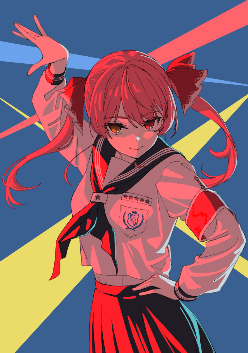 1girl arm_up armband artist_request atarashii_gakkou_no_leaders dancing hair_ribbon hand_on_own_hip heterochromia highres hololive houshou_marine long_hair long_sleeves looking_at_viewer neckerchief non-web_source otonablue red_eyes red_hair red_ribbon red_sailor_collar red_skirt ribbon sailor_collar school_uniform serafuku shirt skirt source_request twintails virtual_youtuber white_shirt yellow_eyes