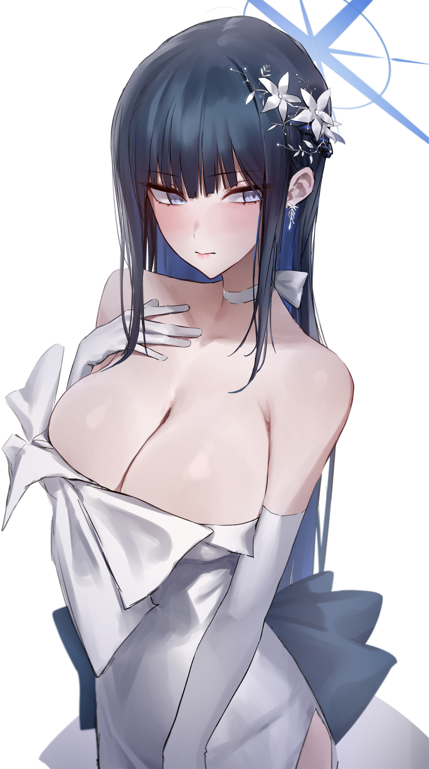 1girl absurdres averting_eyes bare_shoulders black_hair blue_archive blue_hair blush breasts closed_mouth colored_inner_hair commentary dress earrings elbow_gloves flower gloves hair_flower hair_ornament halo hand_on_own_chest hand_up highres jewelry large_breasts long_hair looking_to_the_side monegi multicolored_hair saori_(blue_archive) saori_(dress)_(blue_archive) simple_background solo straight_hair strapless strapless_dress symbol-only_commentary two-tone_hair white_background white_dress