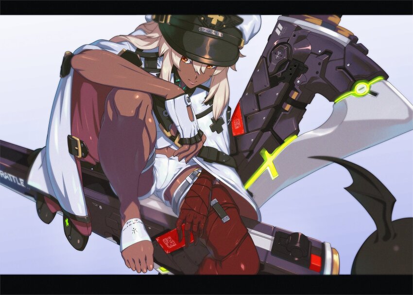 bandages bat_wings black_bar blonde_hair cameltoe cape dark-skinned_female dark_skin feet fingerless_gloves gloves guilty_gear hat highres ippo lips long_hair military military_uniform orange_eyes paintover ramlethal_valentine shorts single_thighhigh sitting thighhighs weapon wings