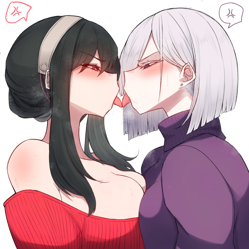 2girls anger_vein angry bare_shoulders black_hair blush breast_press breasts cleavage earrings fiona_frost french_kiss grey_eyes hairband heavy_breathing highres jewelry kiss multiple_girls off-shoulder_sweater off_shoulder purple_sweater red_eyes red_sweater rikuguma saliva short_hair sidelocks spoken_anger_vein spy_x_family stud_earrings sweat sweater symmetrical_docking tongue tongue_out white_hair yor_briar yuri