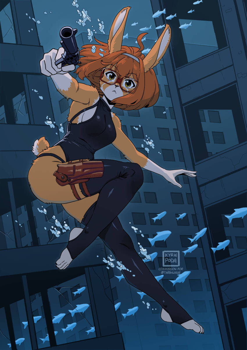 1girl absurdres ahoge animal_ears black_thighhighs fish furry furry_female glasses green_eyes gun hairband handgun highres holding holding_gun holding_weapon holster kyriepoda original rabbit_ears rabbit_girl rabbit_tail red_hair revolver ruins short_hair stirrup_legwear submerged swimsuit tail thigh_holster thighhighs toeless_legwear underwater weapon