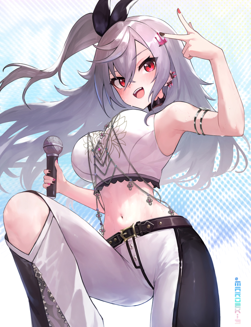 1girl absurdres belt black_belt breasts crop_top crown_hair_ornament ear_piercing grey_hair highres holding holding_microphone hololive hololive_dev_is isaki_riona knee_cutout large_breasts long_hair maro2ki3 microphone midriff multicolored_nails navel one_side_up pants piercing red_eyes sweat virtual_youtuber zipper