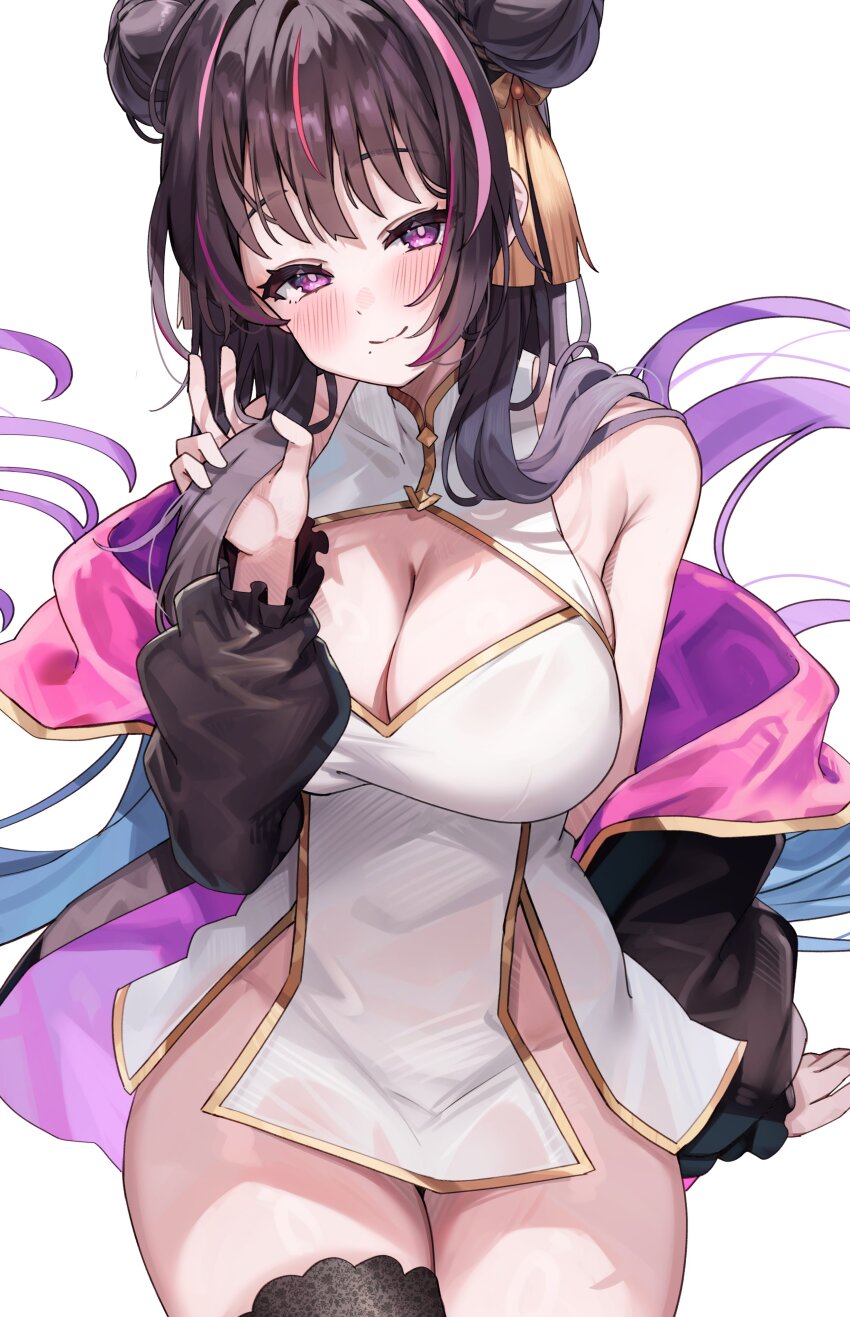 1girl absurdres bare_shoulders black_jacket black_thighhighs blue_hair blush breasts cleavage closed_mouth commission double_bun dress hair_bun hair_ornament hand_up highres indie_virtual_youtuber jacket kuroshiro_kanae large_breasts long_hair long_sleeves looking_at_viewer mole mole_under_mouth multicolored_hair off_shoulder open_clothes open_jacket pink_hair purple_eyes purple_hair simple_background single_thighhigh sitting skeb_commission sleeveless sleeveless_dress solo streaked_hair thighhighs virtual_youtuber white_background white_dress yumemi_nono