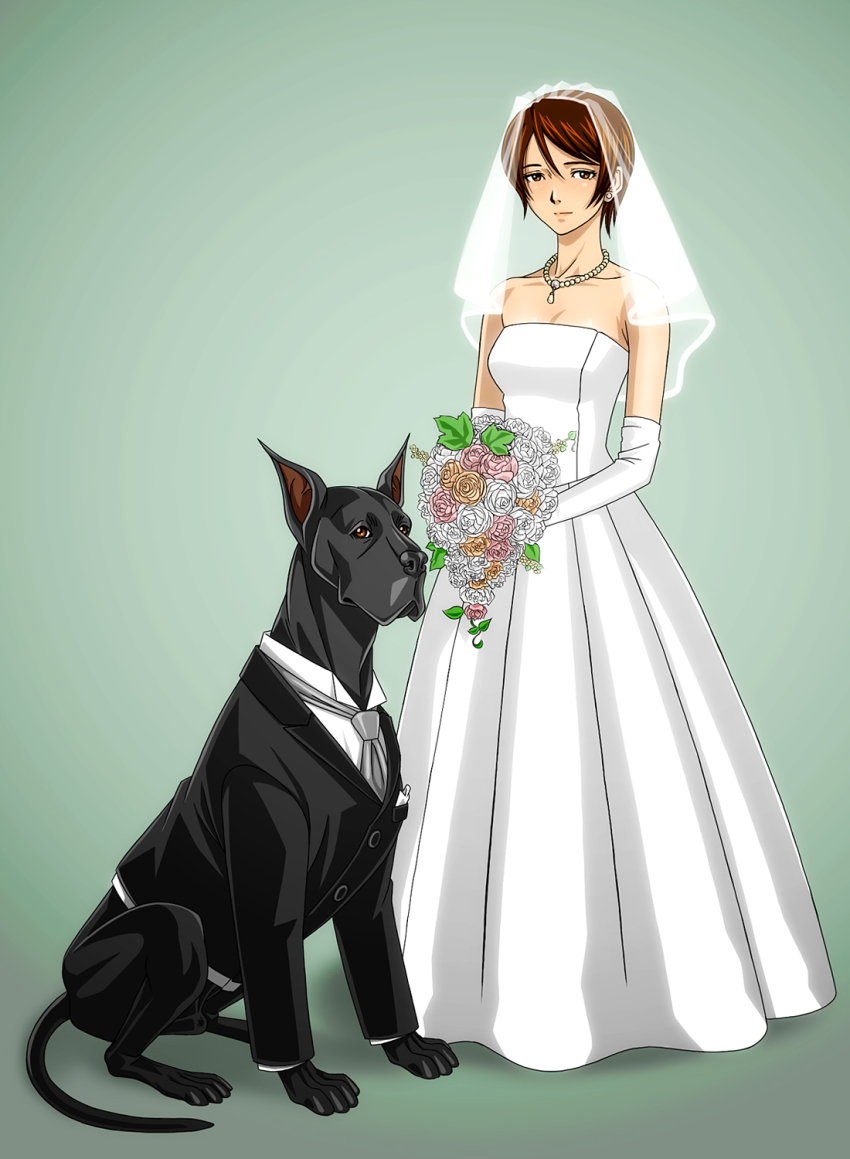 1girl bare_shoulders bouquet breasts bridal_veil bride brown_eyes brown_hair dog dress flower full_body gradient_background green_background hetero highres jewelry looking_at_viewer medium_breasts necklace short_hair simple_background standing tankuro_(funhouse) veil wedding wedding_dress