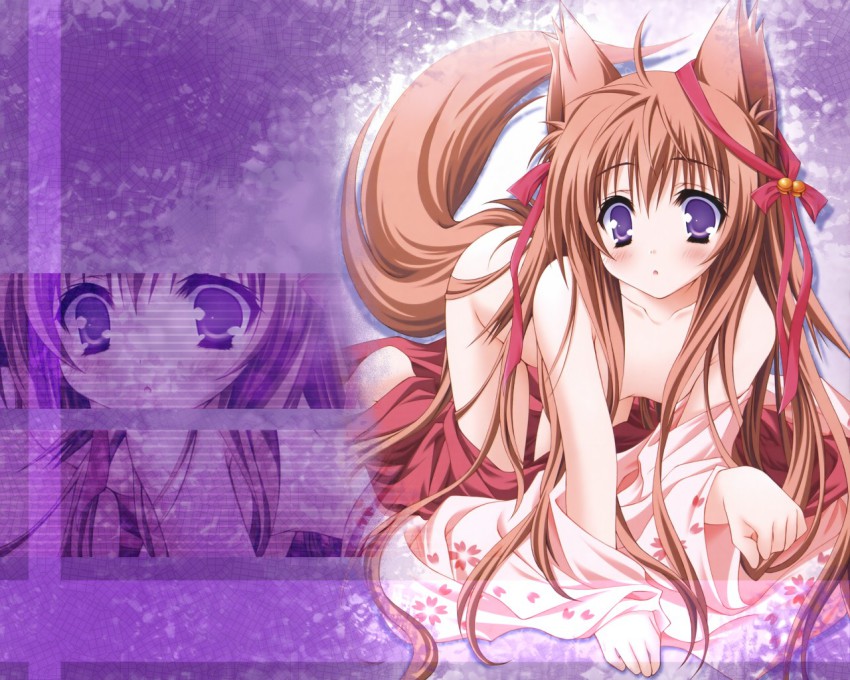 00s 1girl all_fours animal_ears bell blush brown_hair hair_ribbon japanese_clothes jingle_bell long_hair mito_mashiro moekibara_fumitake nude purple_eyes ribbon tail tayutama very_long_hair zoom_layer