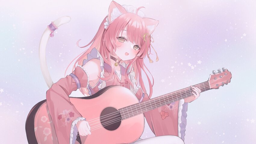 1girl animal_ears bell cat_ears cat_girl cat_tail detached_sleeves guitar highres holding instrument long_hair maid maid_headdress munmosshu music pink_hair playing_instrument solo suzuho_hotaru tail virtual_youtuber wa_maid wide_sleeves