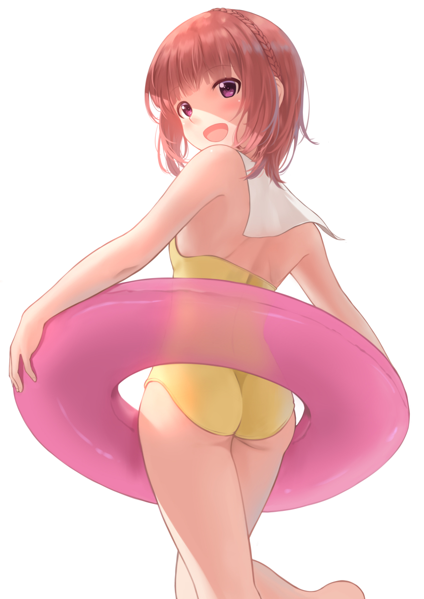 1girl absurdres aikawa_aika alice_gear_aegis ass brown_eyes brown_hair casual_one-piece_swimsuit cowboy_shot highres innertube kanogawa_hiro looking_at_viewer looking_back one-piece_swimsuit open_mouth sailor_collar short_hair simple_background solo swim_ring swimsuit white_background white_sailor_collar yellow_one-piece_swimsuit