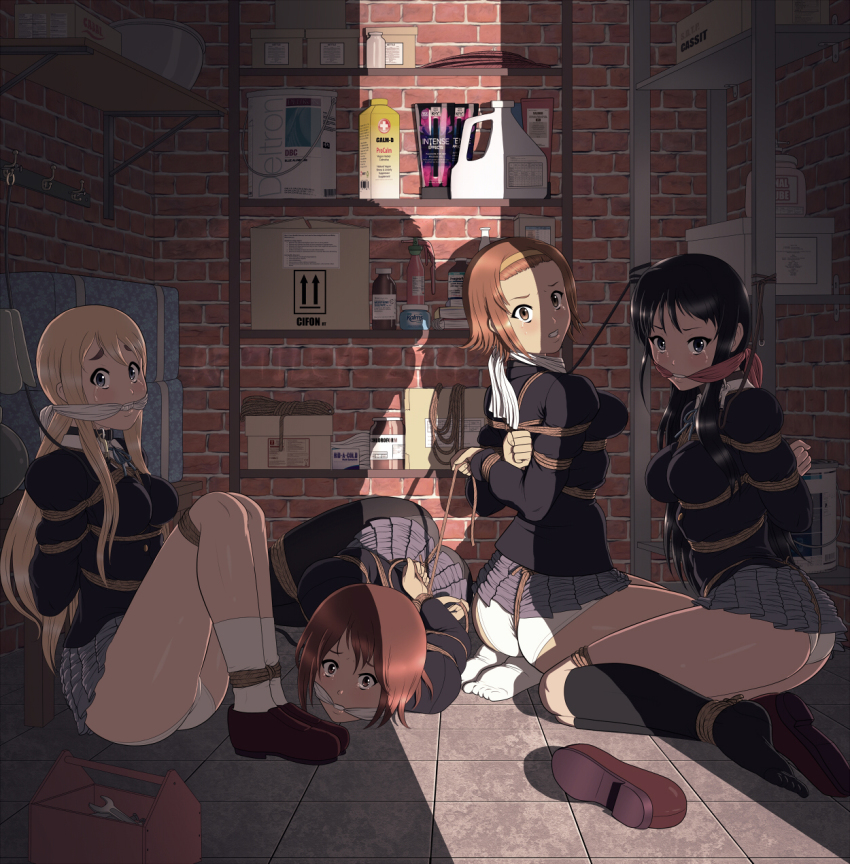 4girls akiyama_mio ass bdsm black_hair black_legwear blonde_hair blue_eyes bondage bound breast_bondage brown_eyes brown_hair cleave_gag closet cloth_gag collar crotch_rope crying feet gag gagged hairband highres hirasawa_yui ho-kago_tea_time imminent_rape improvised_gag k-on! kneeling kotobuki_tsumugi long_hair looking_at_viewer multiple_girls panties panties_under_pantyhose pantyhose reptileye rope scared school_uniform shibari shoes short_hair single_shoe sitting socks tainaka_ritsu tears toes underwear untying white_legwear white_panties