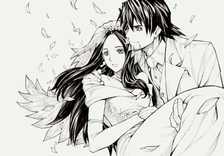 10s 1boy 1girl bare_shoulders bouquet bridal_veil bride carrying couple dress elbow_gloves facial_hair flower gloves hetero husband_and_wife kaburagi_t._kotetsu kaburagi_tomoe long_hair monochrome necktie petals princess_carry stubble tiger_&amp;_bunny traditional_media tuxedo ueda_hiroshi veil wedding wedding_dress