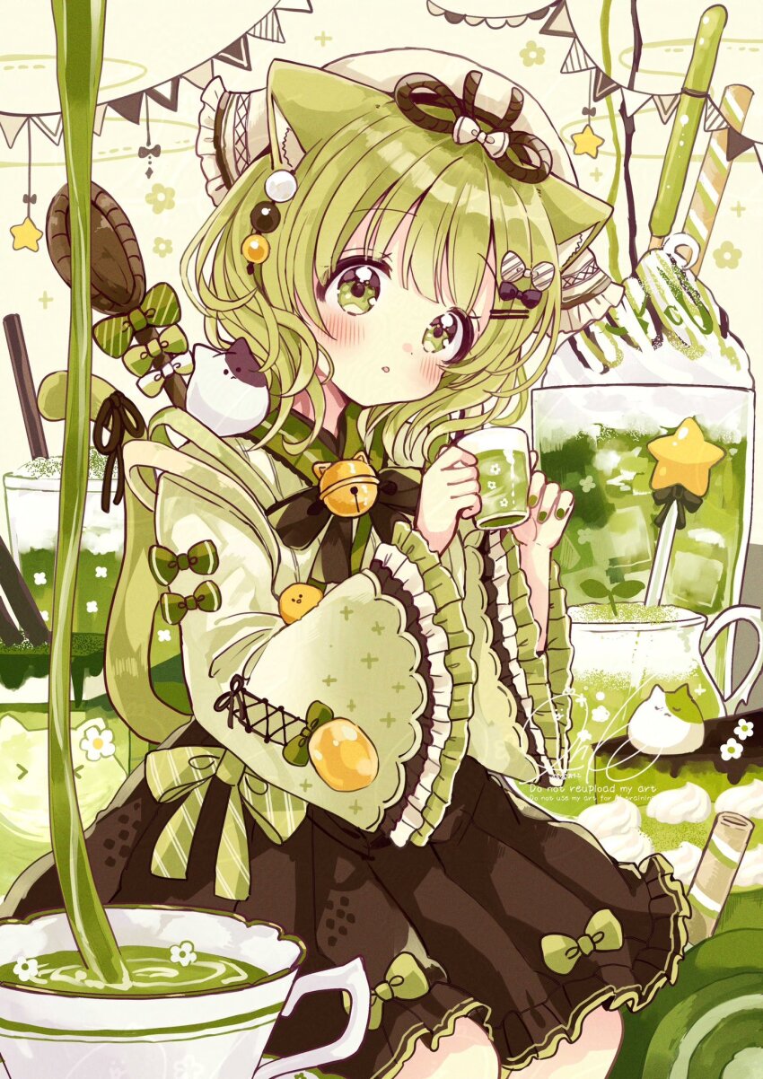 1girl :o animal_ear_fluff animal_ears bell black_bow bow brown_skirt cat_ears cat_girl cat_tail commentary_request cup diagonal-striped_bow english_text frilled_sleeves frills green_bow green_eyes green_hair green_kimono green_nails hair_bow hair_ornament hairclip hat highres holding holding_cup japanese_clothes jingle_bell kimono long_sleeves looking_at_viewer matcha_(food) nail_polish original parted_lips pennant sakura_oriko signature skirt solo spoon star_(symbol) string_of_flags tail watermark white_hat wide_sleeves