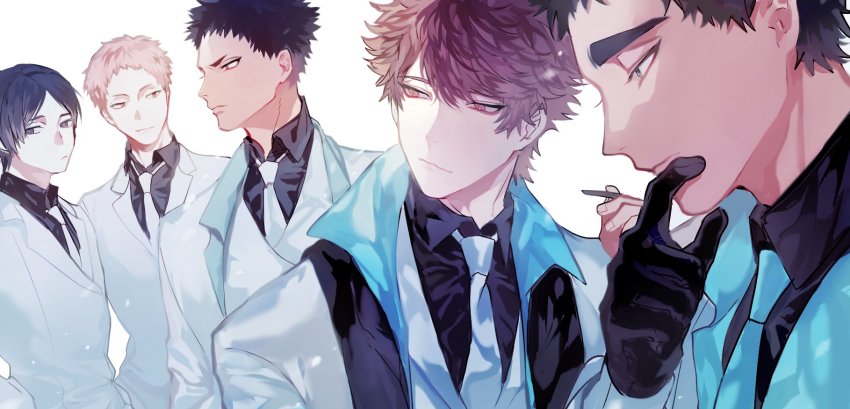 5boys alternate_costume black_gloves black_hair brown_eyes brown_hair closed_mouth dress_shirt eyebrows formal_clothes gloves haikyuu!! hanamaki_takahiro highres iwaizumi_hajime jacket jewelry kunimi_akira looking_away male_focus matsukawa_issei mgmg_1012 multiple_boys necklace oikawa_tooru_(haikyuu!!) shirt short_hair