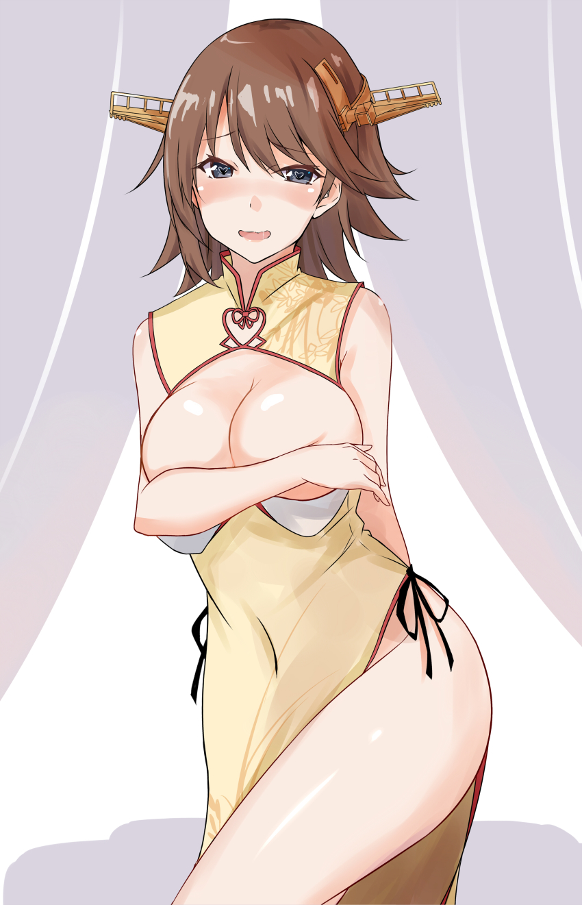 1girl absurdres alternate_costume bare_shoulders blush breasts brown_hair china_dress chinese_clothes cleavage_cutout clothing_cutout covering_privates covering_breasts dress embarrassed grey_eyes hairband heart heart-shaped_pupils hiei_(kancolle) highres kantai_collection large_breasts looking_at_viewer medium_breasts open_mouth saku_(kudrove) smile solo symbol-shaped_pupils