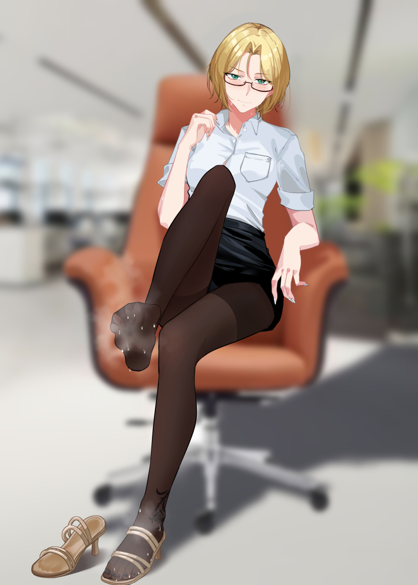 1girl absurdres blonde_hair blue_eyes blush feet glasses highres looking_at_viewer medium_hair miniskirt nanase_young office_lady pantyhose sandals sitting skirt soles steam sweat toes unworn_sandals