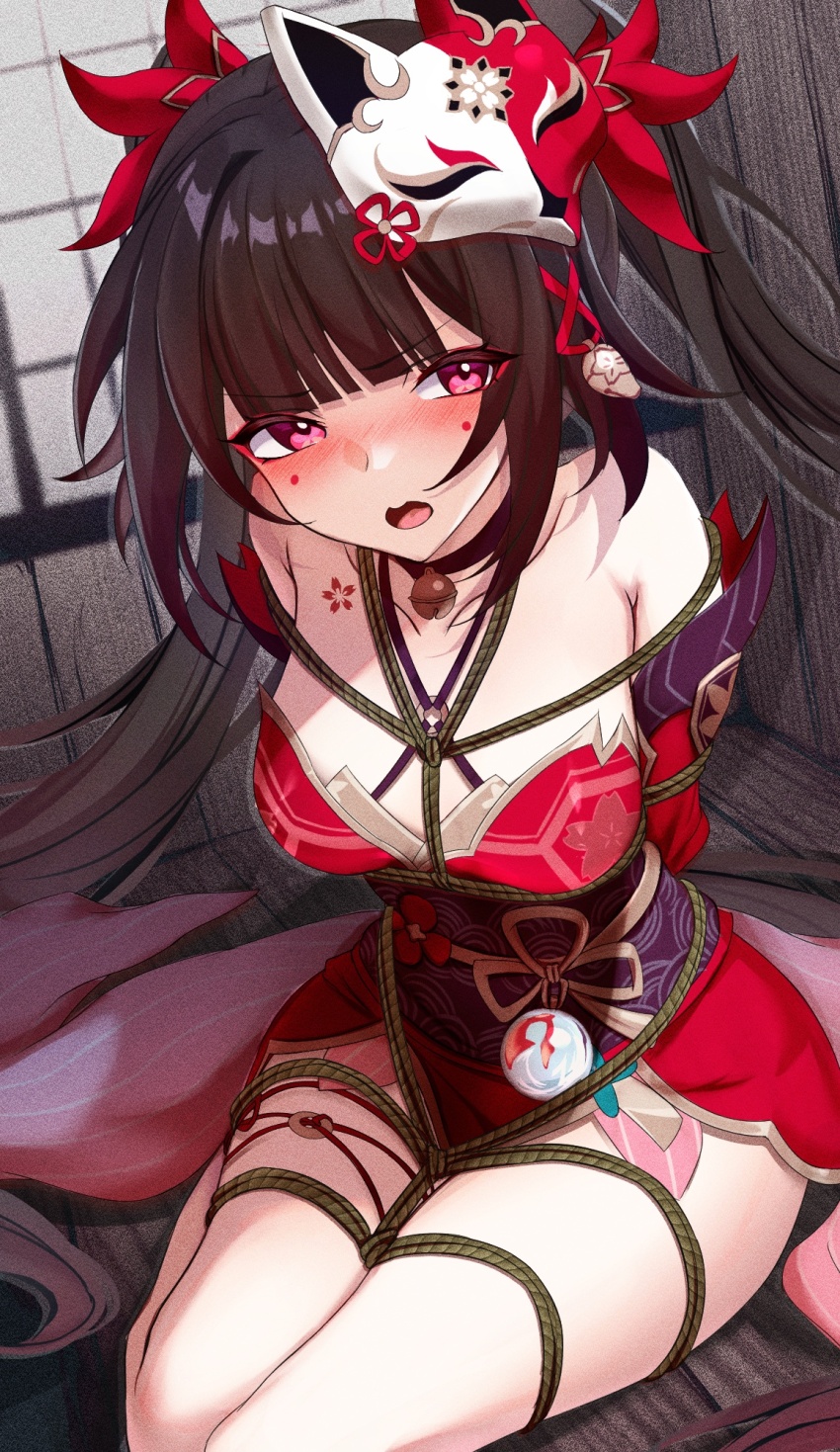 1girl arms_behind_back arms_tied_behind bare_shoulders bdsm bell blush bondage bound breasts choker collarbone detached_sleeves facial_mark female_focus flower_tattoo fox_mask hair_ornament highres honkai:_star_rail honkai_(series) japanese_clothes kimono long_hair mask mask_on_head medium_breasts o-ring obi open_mouth purple_eyes red_kimono sash sitting sparkle_(honkai:_star_rail) tattoo teru_cats thighs twintails very_long_hair wooden_floor