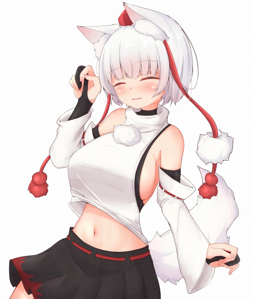 1girl animal_ears bare_shoulders black_skirt blunt_bangs blush bob_cut breasts bridal_gauntlets claw_pose closed_eyes closed_mouth cowboy_shot detached_sleeves fang hand_up hat highres inubashiri_momiji large_breasts light_smile mamo_murata midriff navel open_mouth pleated_skirt pom_pom_(clothes) red_hat short_hair sideboob simple_background skin_fang skirt solo tassel tokin_hat touhou turtleneck white_background white_hair wide_sleeves wolf_ears