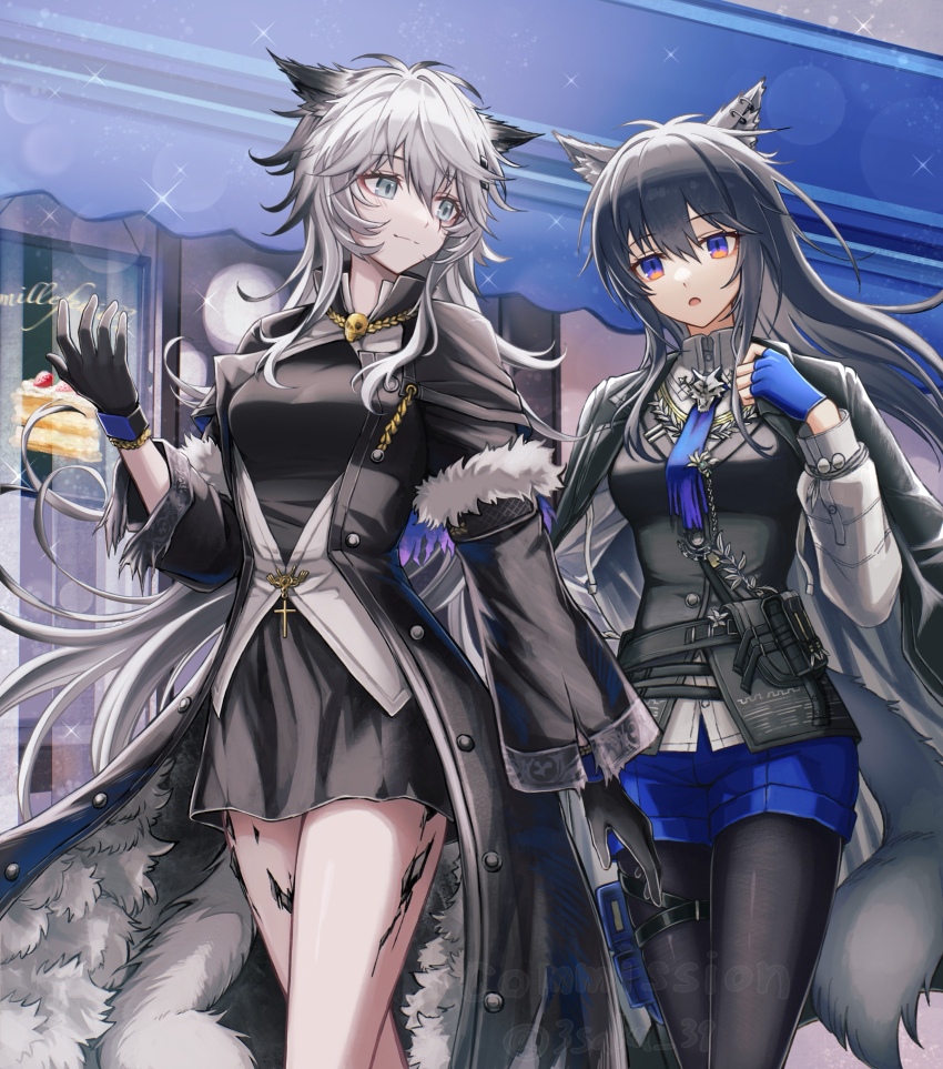 2girls 3_(sanyako1) :o absurdres animal_ear_fluff animal_ear_piercing animal_ears arknights black_coat black_dress black_gloves black_jacket black_pantyhose black_vest blue_gloves blue_shorts buttons cake cake_slice closed_mouth coat collared_shirt commission cowboy_shot cross dress fingerless_gloves food fur_trim gloves grey_eyes grey_hair grey_shirt grey_tail hand_up highres jacket jacket_on_shoulders jewelry lappland_(arknights) lappland_(refined_horrormare)_(arknights) latin_cross lens_flare light_smile long_hair long_sleeves looking_at_another material_growth multiple_girls necklace official_alternate_costume open_clothes open_coat open_mouth orange_eyes oripathy_lesion_(arknights) pantyhose purple_eyes shirt short_dress shorts skeb_commission skull_necklace sparkle standing tail texas_(arknights) texas_the_omertosa_(arknights) thigh_strap turning_head twitter_username unbuttoned vest watermark wolf_ears wolf_girl wolf_tail