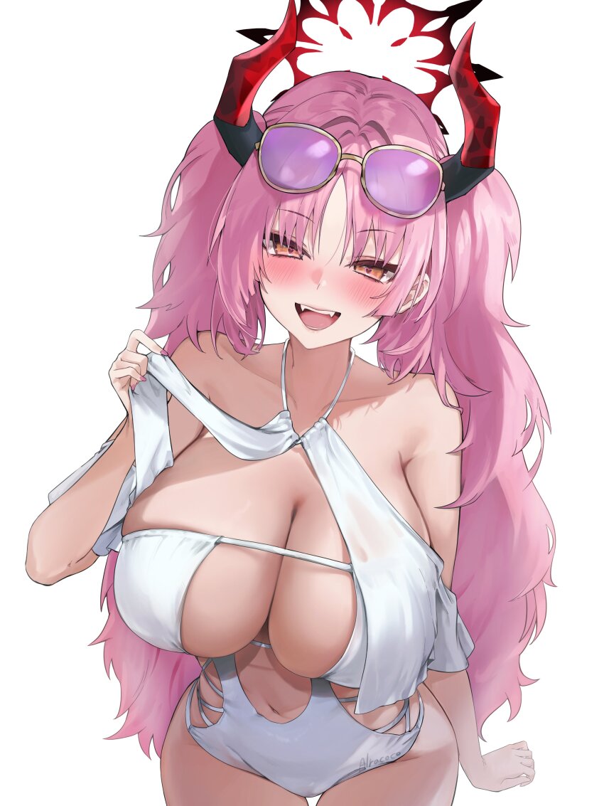 1girl absurdres alracoco blue_archive blush breasts eyewear_on_head fangs halo heart heart-shaped_pupils highres horns large_breasts long_hair looking_at_viewer navel one-piece_swimsuit open_mouth pink_hair satsuki_(blue_archive) simple_background smile solo sunglasses swimsuit symbol-shaped_pupils teeth upper_teeth_only white_background white_one-piece_swimsuit