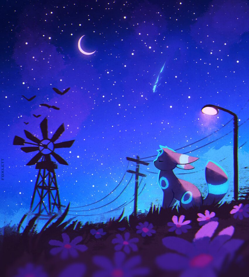 alternate_color animal_focus blue_sky blue_theme closed_eyes commentary creatures_(company) crescent_moon english_commentary flower foxlett game_freak gen_2_pokemon highres lamppost moon night night_sky nintendo no_humans outdoors pokemon pokemon_(creature) shiny_pokemon sky star_(sky) starry_sky tail umbreon utility_pole windmill