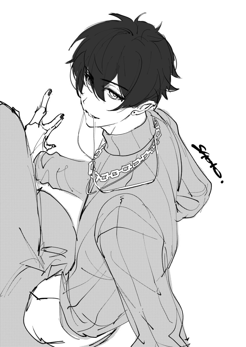 1boy absurdres chain chain_necklace character_name feet_out_of_frame greyscale highres indie_virtual_youtuber jewelry kami_off_record long_sleeves male_focus midriff monochrome mouth_hold nail_polish necklace pants parted_lips short_hair shoto_(vtuber) simple_background sitting smile solo string_in_mouth sweater turtleneck turtleneck_sweater very_short_hair virtual_youtuber white_background