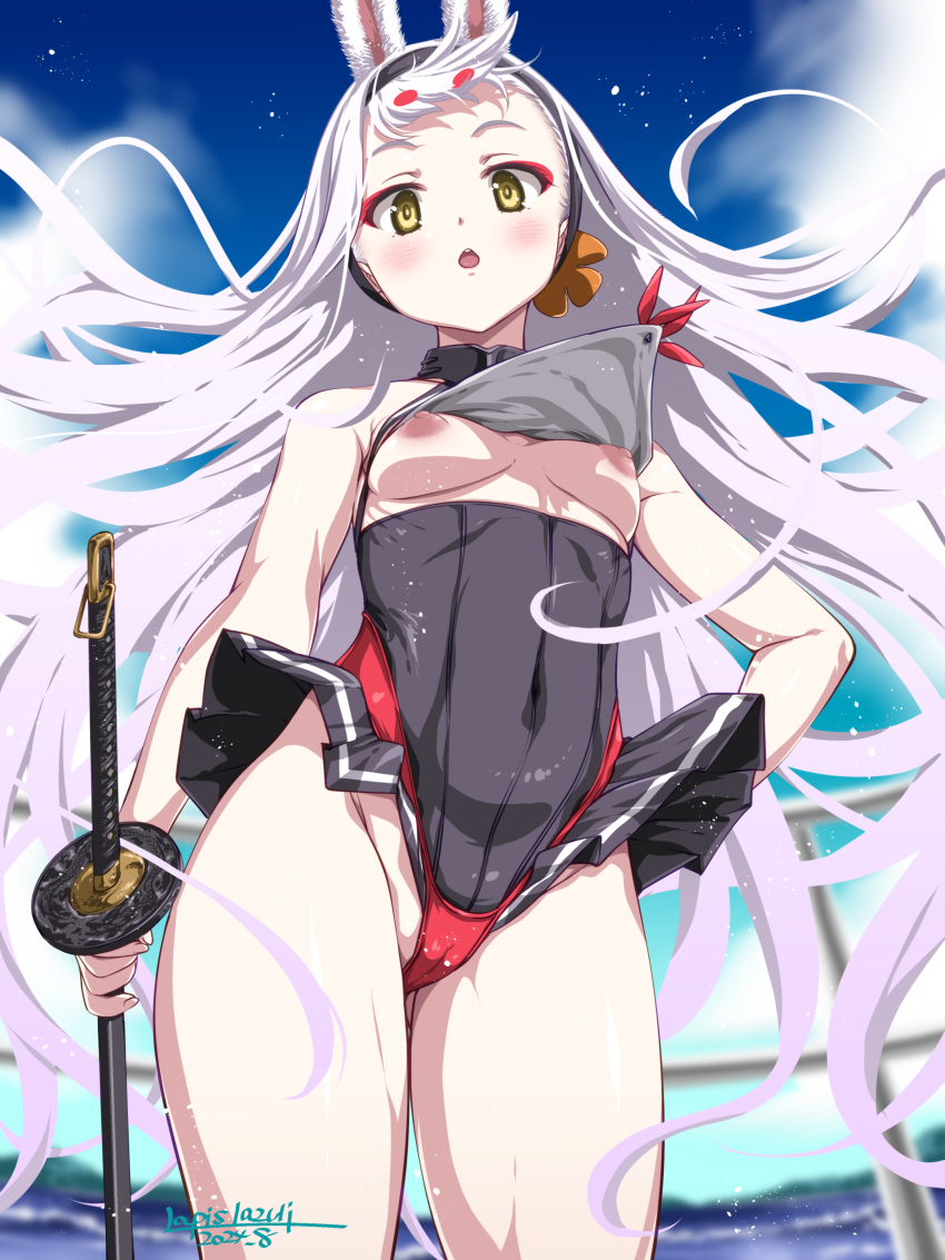 1girl absurdres accidental_exposure animal_ears artist_name azur_lane bikini bikini_over_clothes black_hairband breast_curtain breast_curtain_lift breasts center-flap_bangs clothes_lift covered_navel cowboy_shot floating_hair hairband highres hikimayu holding holding_sword holding_weapon long_hair nipples panties rabbit_ears rabbit_girl red_bikini red_panties shimakaze_(azur_lane) small_breasts swimsuit swimsuit_over_clothes sword umyonge_(lkakeu) underwear very_long_hair weapon white_hair wind wind_lift yellow_eyes