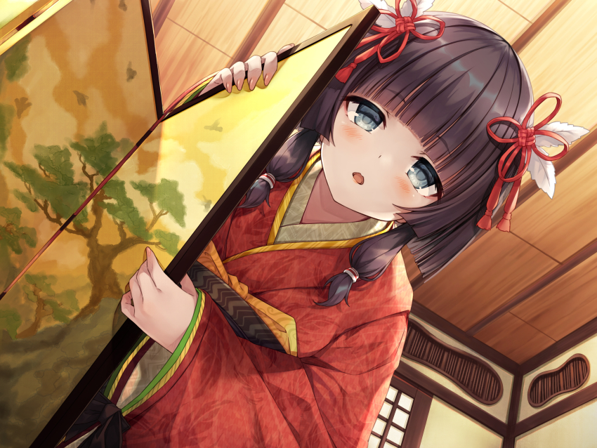 1girl ayakashi_kyoushuutan black_hair blush commentary_request fingernails folding_screen grey_eyes hair_ribbon hand_up hasumi_(hasubatake39) highres indoors japanese_clothes kimono long_hair long_sleeves looking_at_viewer nail_polish obi parted_lips pink_nails red_kimono red_ribbon ribbon sash sidelocks solo wide_sleeves