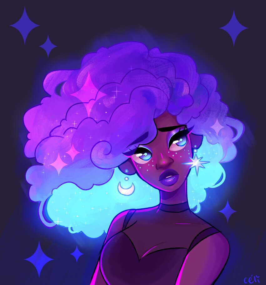 1girl afro artist_request blue_eyes blue_hair character_request copyright_request dark-skinned_female dark_skin earrings glowing glowing_hair highres jewelry lips multicolored_hair non-web_source purple_hair purple_lips solo source_request two-tone_hair upper_body