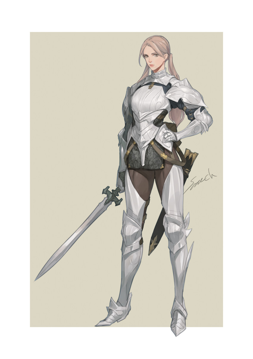 1girl absurdres armor armored_boots boots border breastplate fantasy faulds female_focus female_knight full_body gauntlets hand_on_own_hip highres holding holding_sword holding_weapon knight lips original sheath signature solo sonech standing sword twintails weapon white_border