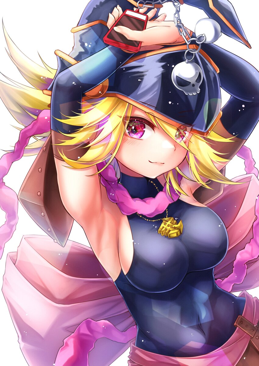 1girl absurdres ari_(xxrmsn_008) black_bodysuit black_hat blonde_hair bodysuit breasts cellphone duel_monster gagaga_girl hat highres holding holding_phone large_breasts long_hair phone purple_eyes simple_background smartphone smile solo white_background yu-gi-oh!