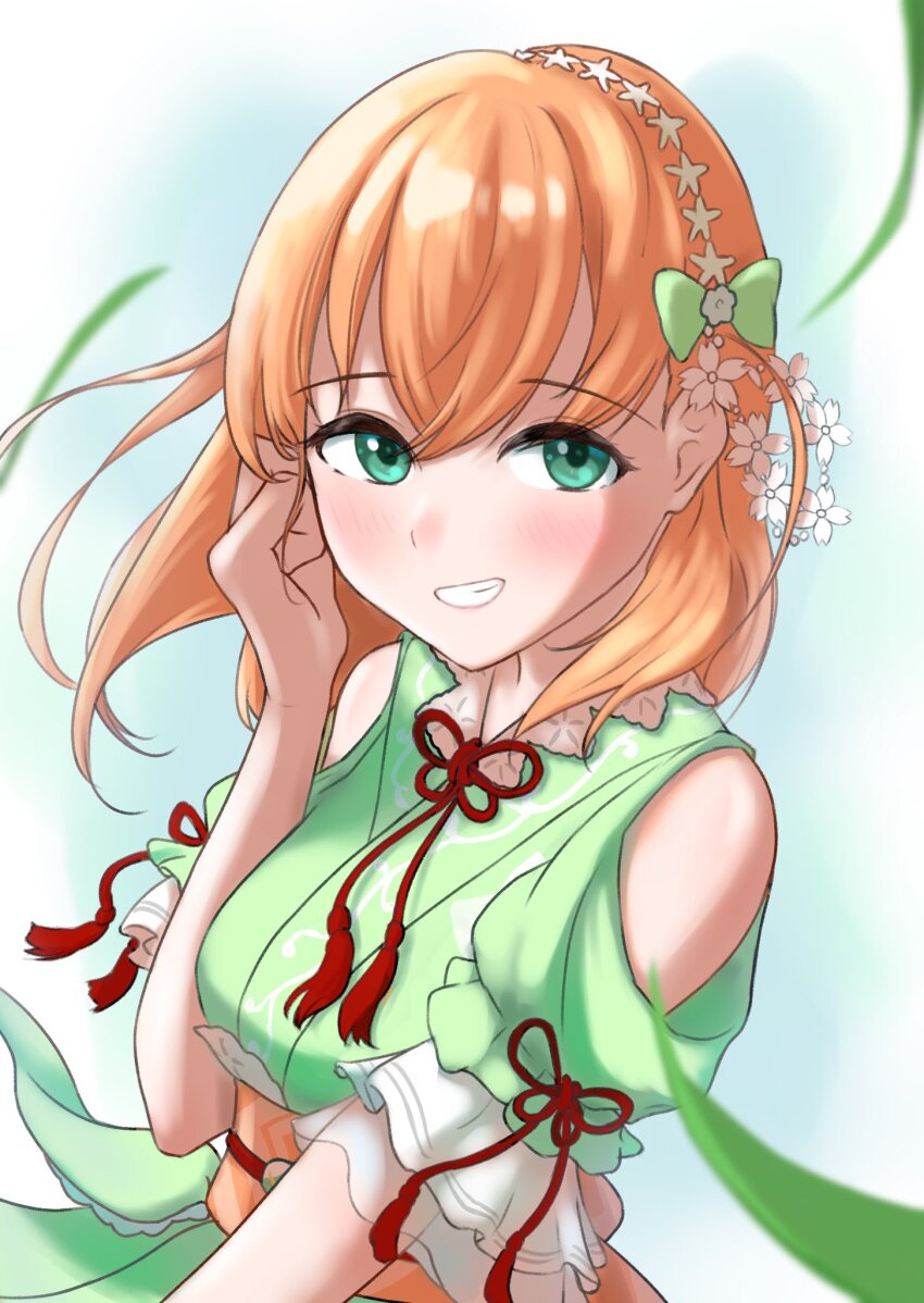 1girl :d aoku_haruka blue_background blush bow breasts clothing_cutout commentary crossed_bangs green_bow green_eyes green_kimono grin hand_on_own_head highres hinoshita_kaho japanese_clothes kimono link!_like!_love_live! looking_at_viewer love_live! medium_breasts medium_hair official_alternate_costume open_mouth orange_hair puffy_short_sleeves puffy_sleeves short_sleeves shoulder_cutout simadaburyu smile solo two_side_up virtual_youtuber