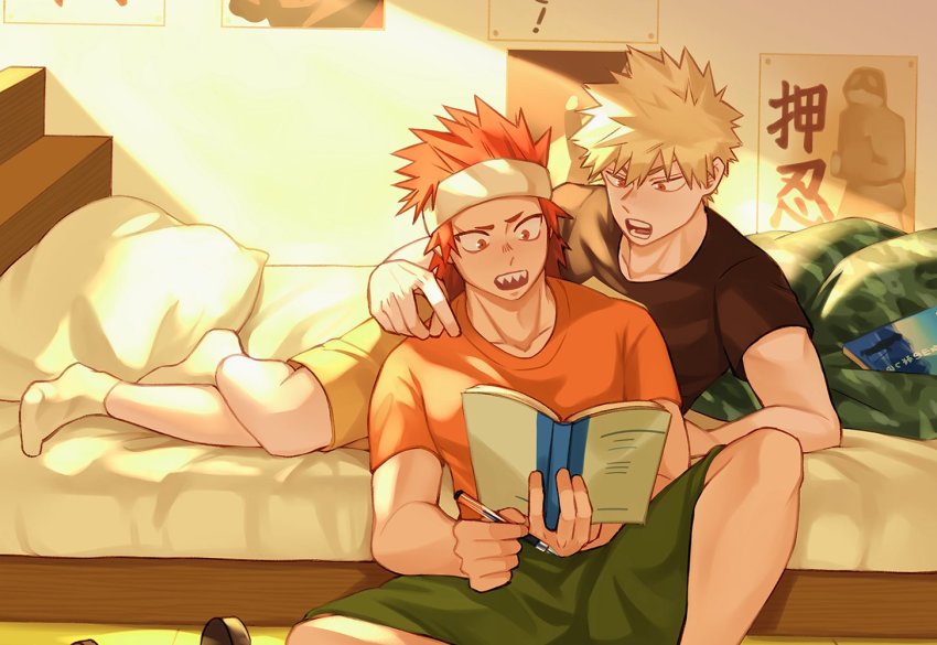 2boys bakugou_katsuki bed black_shirt blonde_hair boku_no_hero_academia book donnaoneone green_shorts headband holding holding_book holding_pen kirishima_eijirou lying male_focus multiple_boys on_bed on_side open_book open_mouth orange_shirt pen red_eyes red_hair sharp_teeth shirt short_hair shorts sitting socks spiked_hair teeth yellow_shorts