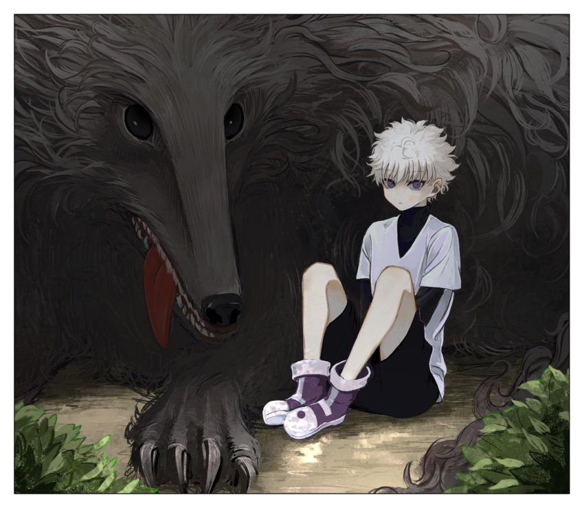 1boy bare_legs black_shirt black_shorts boots claws dog expressionless highres hunter_x_hunter killua_zoldyck looking_at_viewer male_focus mike_(hunter_x_hunter) on_ground outdoors plant purple_eyes shirt short_hair short_sleeves shorts sitting skkc_128 tongue tongue_out turtleneck v-neck white_hair white_shirt