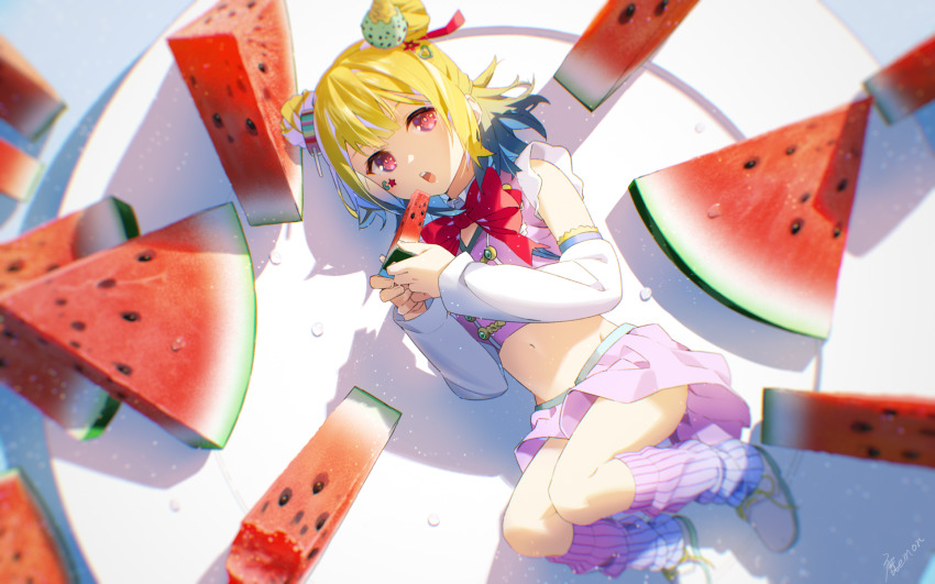 1girl blonde_hair blue_hair bow candy_hair_ornament commentary_request crop_top detached_sleeves double_bun eating food food-themed_hair_ornament fruit full_body gradient_hair hair_bun hair_ornament highres holding holding_food holding_fruit holding_watermelon indie_virtual_youtuber kneehighs kotobuki_yume long_sleeves lying miniskirt multicolored_hair on_plate on_side open_mouth pink_shirt pink_skirt plate purple_socks red_bow red_eyes shikaemon shirt shoes signature skirt socks solo virtual_youtuber watermelon white_footwear