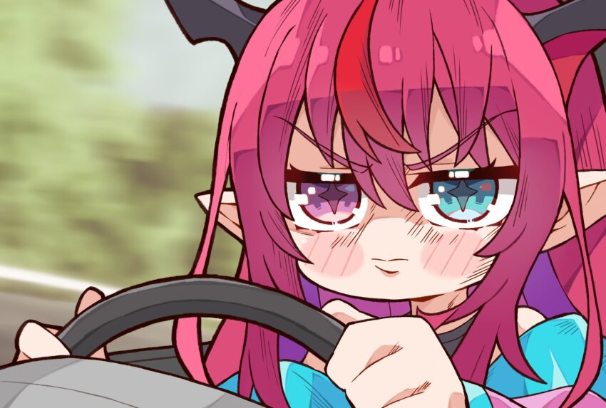 1girl blue_eyes blurry blurry_background blush_stickers highres hololive hololive_english horns initial_d irys_(hololive) kukie-nyan long_hair motion_blur parody pointy_ears purple_eyes purple_hair red_hair serious solo star-shaped_pupils star_(symbol) steering_wheel symbol-shaped_pupils virtual_youtuber