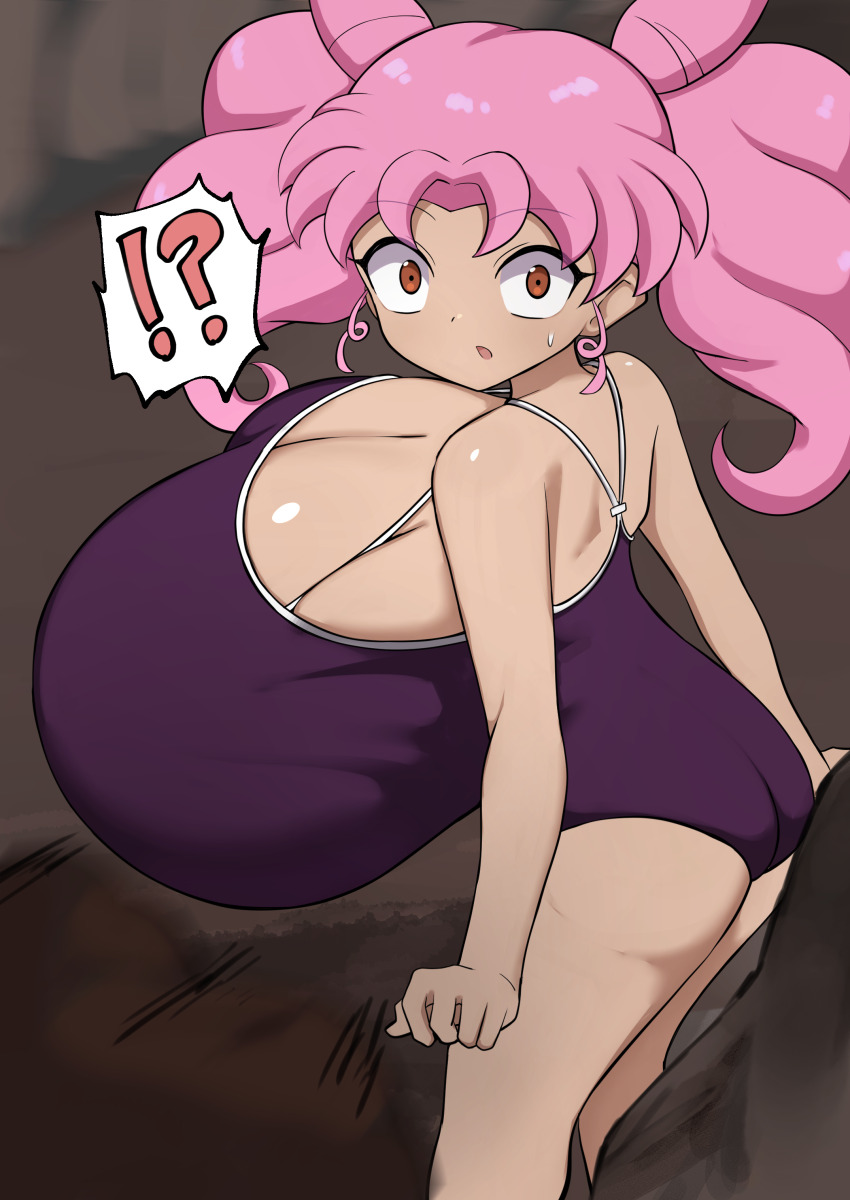 absurdres bishoujo_senshi_sailor_moon breasts chibi_usa cone_hair_bun gigantic_breasts hair_bun highres jaga334 one-piece_swimsuit oppai_loli pink_hair school_swimsuit swimsuit