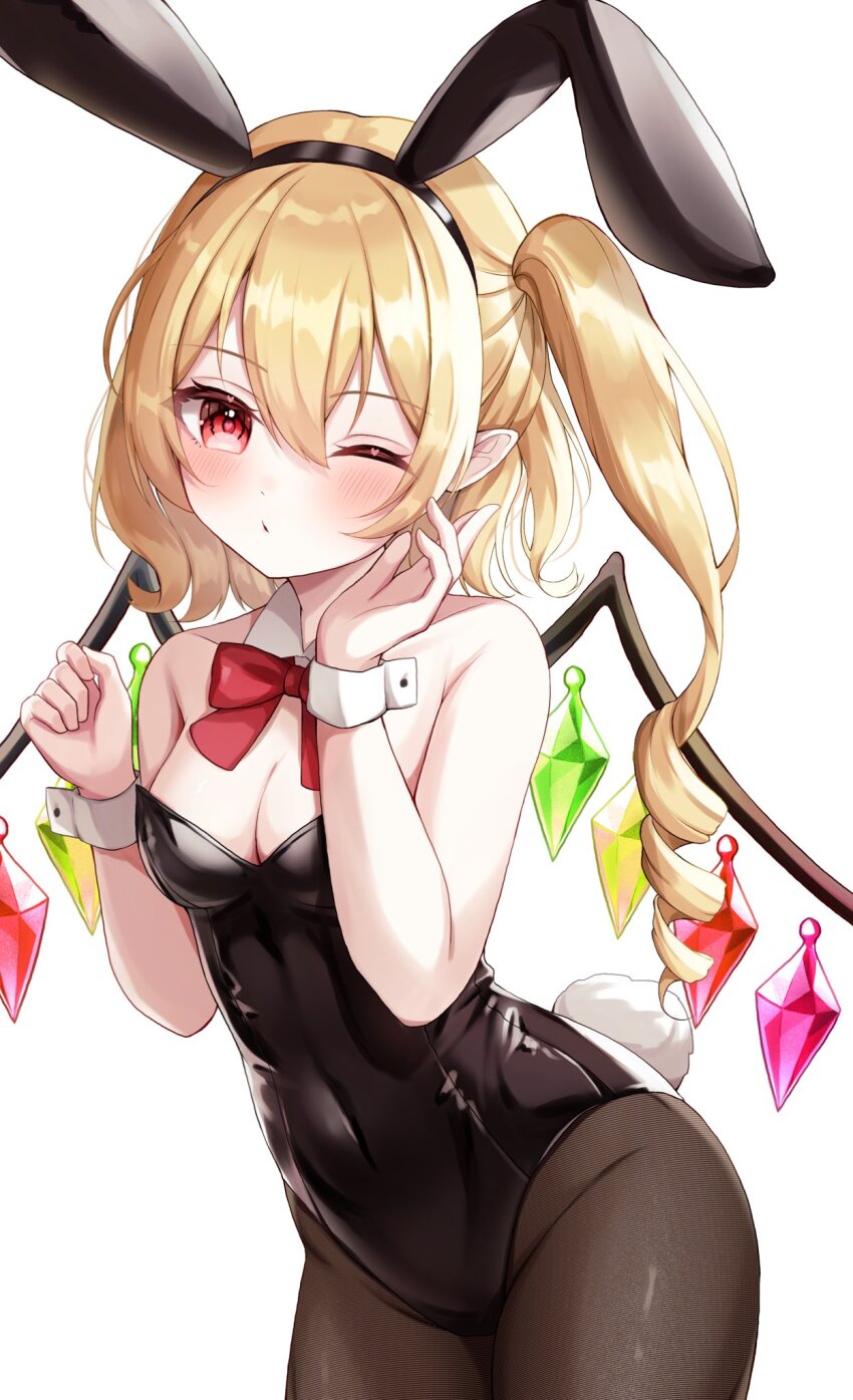 1girl alternate_costume animal_ear_hairband animal_ears black_hairband black_leotard black_pantyhose blonde_hair blush bow bowtie breasts cleavage commentary_request covered_navel crystal detached_collar fake_animal_ears fake_tail flandre_scarlet hairband heart highres leotard looking_at_viewer multicolored_wings naarsann one_eye_closed one_side_up pantyhose playboy_bunny pointy_ears rabbit_ears rabbit_tail red_bow red_bowtie red_eyes side_ponytail simple_background solo sparkle strapless strapless_leotard tail touhou white_background wings wrist_cuffs