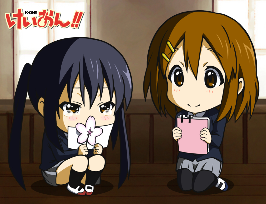 2girls black_hair blazer blue_skirt blush book brown_eyes brown_hair chibi flower hair_ornament hairclip highres hirasawa_yui jacket k-on! long_hair miniskirt multiple_girls nakano_azusa pantyhose photo_(object) pleated_skirt school_uniform shoes short_hair sitting skirt socks takahan tears twintails window