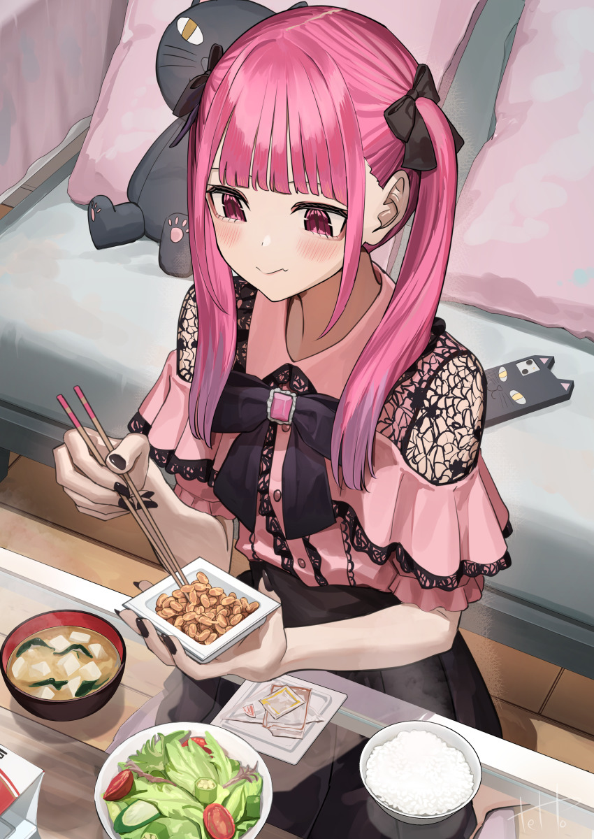 1girl absurdres black_bow black_bowtie black_skirt blunt_bangs blush bow bowtie chopsticks closed_mouth colored_tips eating food hair_bow highres hinamizawa_hinami_(tetto) holding holding_chopsticks jirai_kei long_hair multicolored_hair nattou original pillow pink_brooch pink_hair pink_shirt purple_hair rice salad shirt shirt_tucked_in sidelocks signature skirt smartphone_case solo stuffed_animal stuffed_cat stuffed_toy tetto_(onnoveltet)