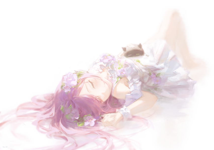 1girl armpit_crease artist_name bare_legs bare_shoulders bibi_(tokoyami_towa) bliss_htt blurry breasts brush_stroke closed_eyes clothing_cutout commentary creature depth_of_field dress flower flower_request hair_flower hair_ornament hair_spread_out hand_up highres hololive knees_up long_hair lying medium_breasts on_back on_ground painterly parted_bangs purple_hair short_dress shoulder_cutout sleeping soft_focus solo thick_eyelashes tokoyami_towa turning_head virtual_youtuber white_background white_dress white_wrist_cuffs wrist_cuffs