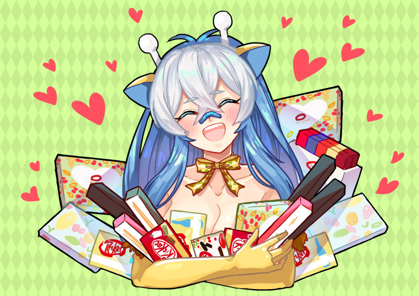 1girl animal_ears argyle_background argyle_clothes bandage_on_face bandages blue_hair blush breasts chocolate cleavage closed_eyes collarbone creatures_(company) elbow_gloves facing_viewer female_focus game_freak gen_2_pokemon gift girafarig giraffe_ears gloves heart highres horns kasuka108 kitkat long_hair nintendo open_mouth personification pokemon solo upper_body white_hair yellow_gloves