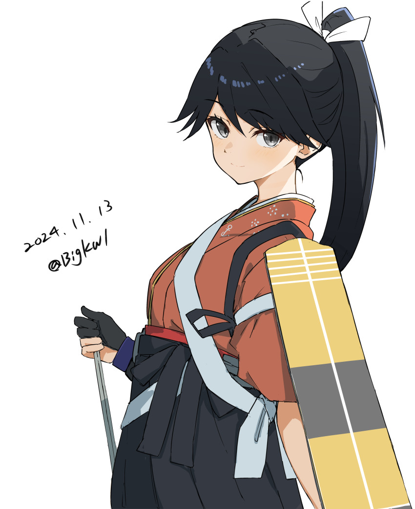 1girl absurdres bigkwl black_eyes black_hair black_hakama dated flight_deck gloves hair_ribbon hakama hakama_skirt highres houshou_(kancolle) houshou_kai_ni_(kancolle) japanese_clothes kantai_collection kimono long_hair looking_at_viewer partially_fingerless_gloves partly_fingerless_gloves pink_kimono ponytail ribbon sash shoulder_sash skirt smile solo twitter_username upper_body white_sash yugake yumi_(bow)