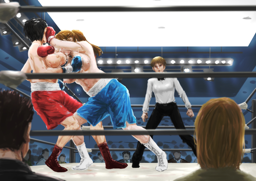 boxing boxing_gloves boxing_ring breast_milk breasts catfight lactation large_breasts ponytail short_hair shorts tagme tomjpn